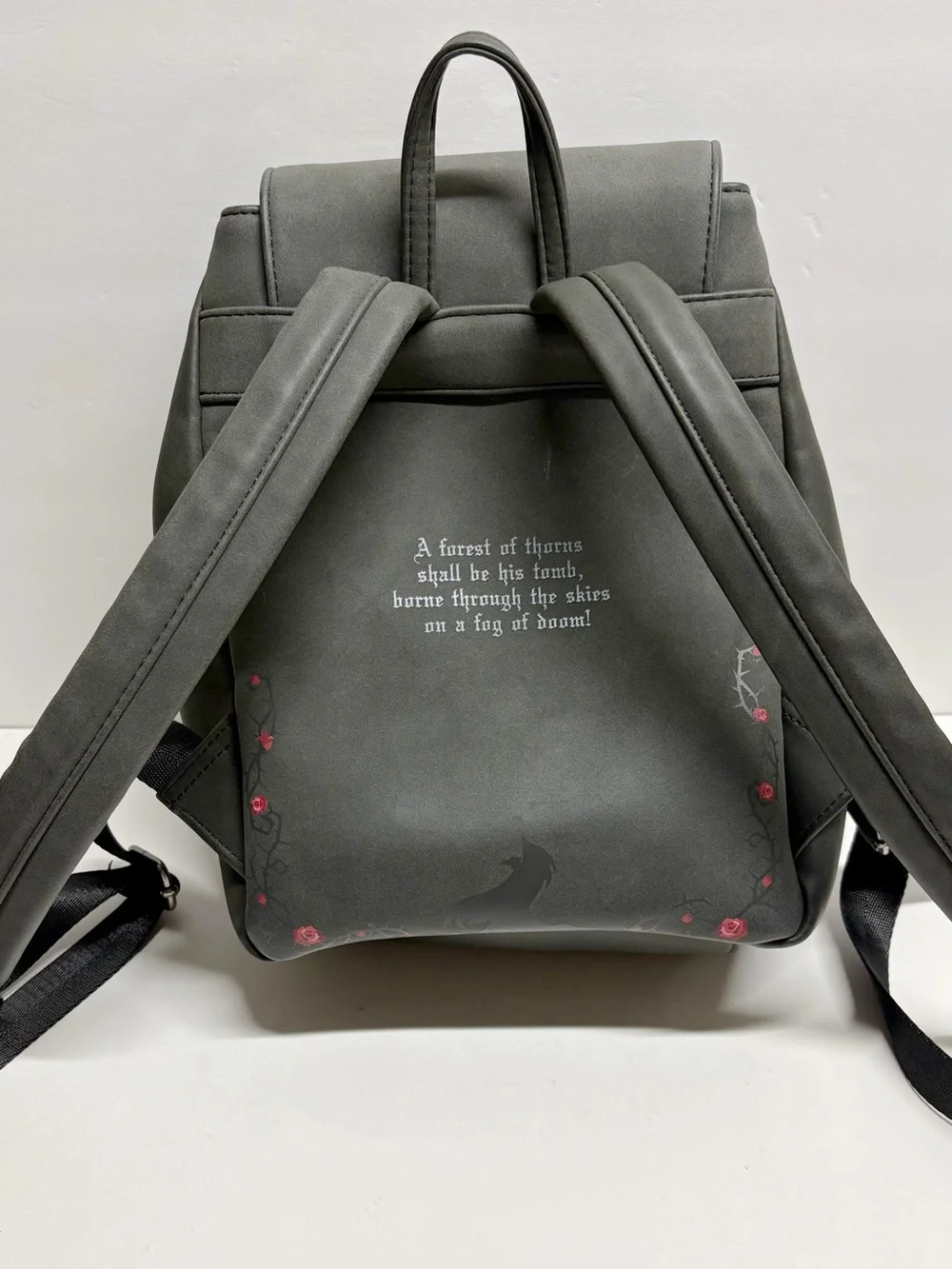 Disney Gray Floral Castle Drawstring Backpack with Red Rose Embroidery